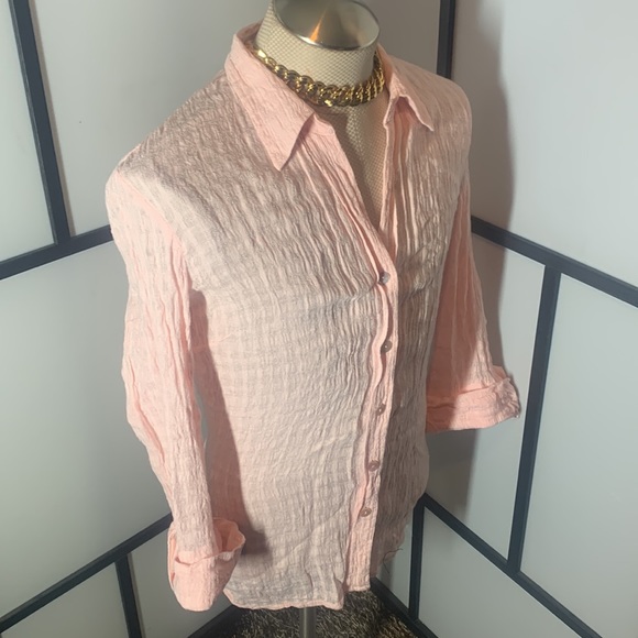 Harve Benard by Benard Holtzman Pink Sheer Linen Summer Button Down Shirt - Picture 2 of 12